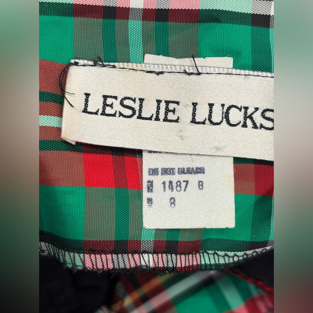 Vintage Leslie Lucks Holiday Tartan Plaid Bow Velvet Drop Waist Strapless Dress - Picture 2 of 14